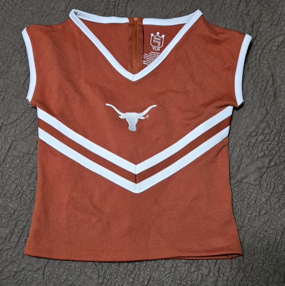 Little King UT Austin Cheer Uniform, Texas Longhorns Bevo, arm seams opened, L
